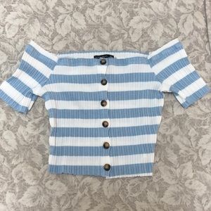 Off the Shoulder blue and white striped top from Bershka